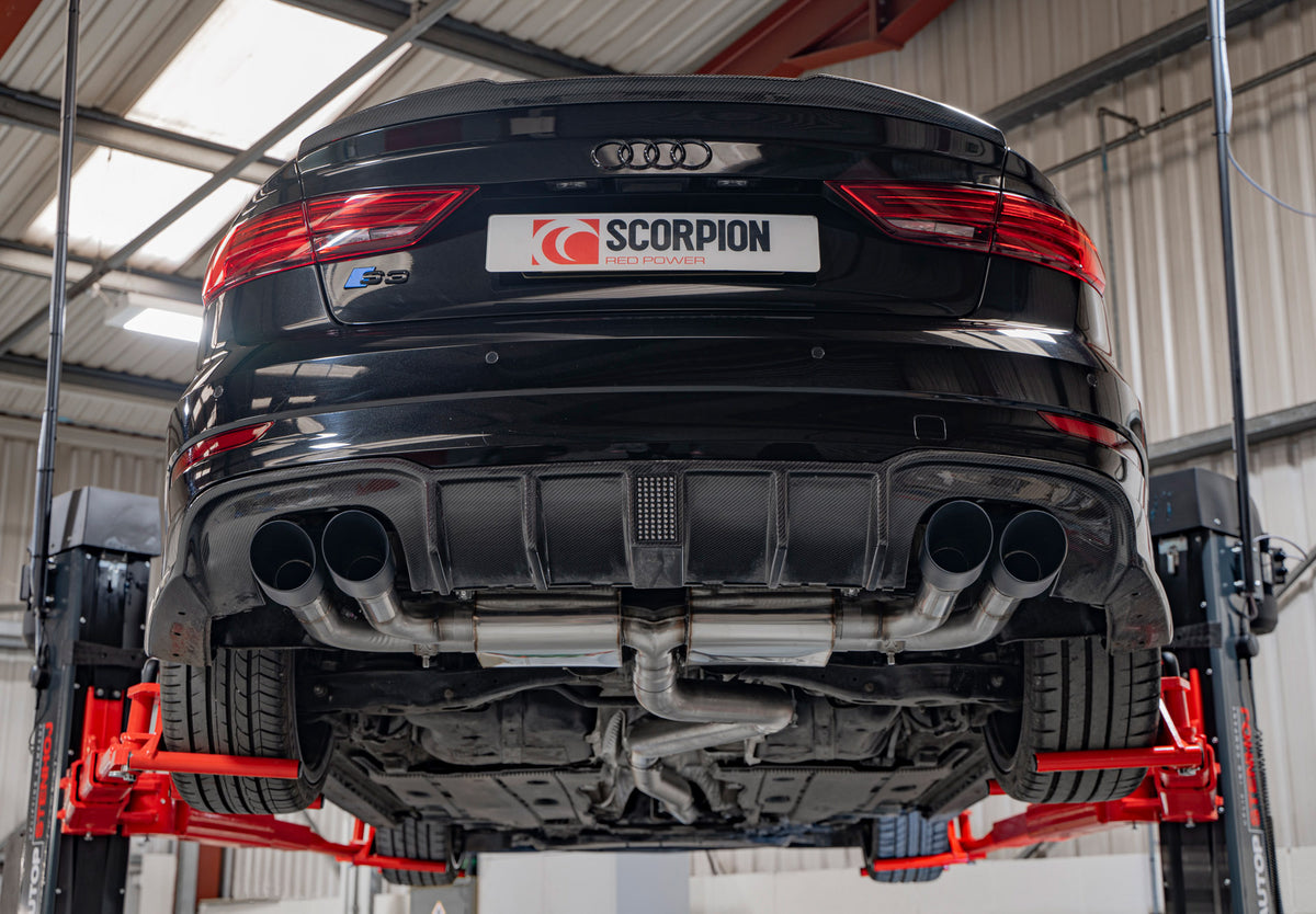 Scorpion Exhausts GPF-back exhaust system with valves for Audi S3 8V saloon, non-resonated cat back system with polished tips.