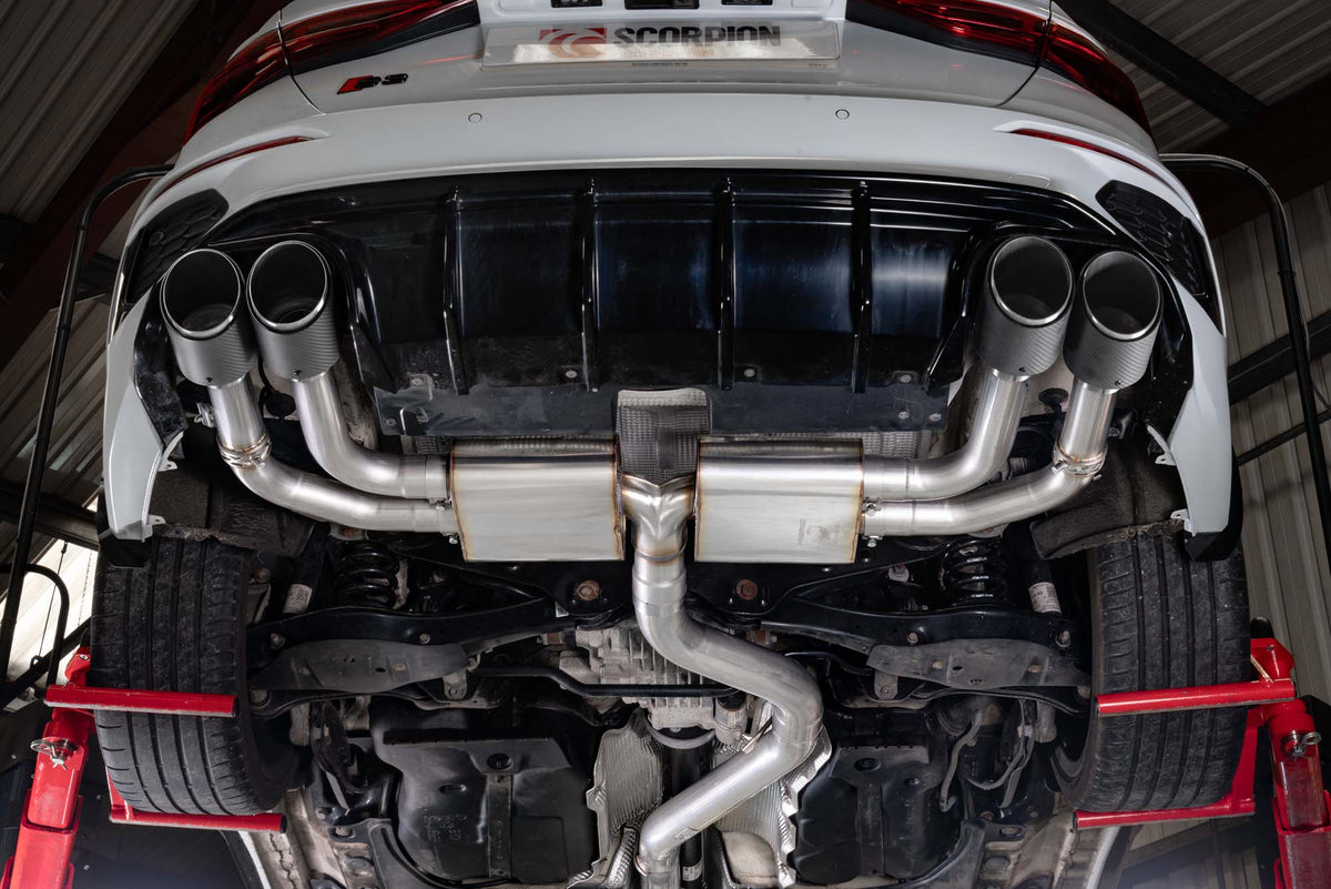 Scorpion Audi S3 8Y saloon GPF-back exhaust system with electronic valves, non-resonated cat-back setup, showcasing polished metal pipes.