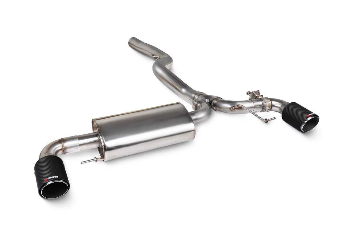 Scorpion BMW 230i G42 GPF-Back Exhaust System with electronic valve, showing polished metal pipes and exhaust tips.