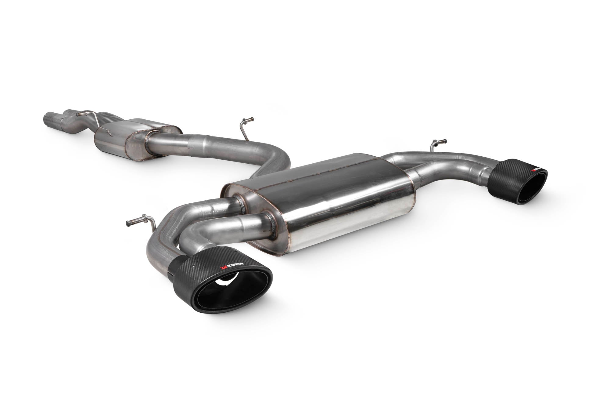 Scorpion Audi RS3 8V pre-facelift cat-back exhaust system without valves, featuring dual exhaust tips and polished stainless steel finish.