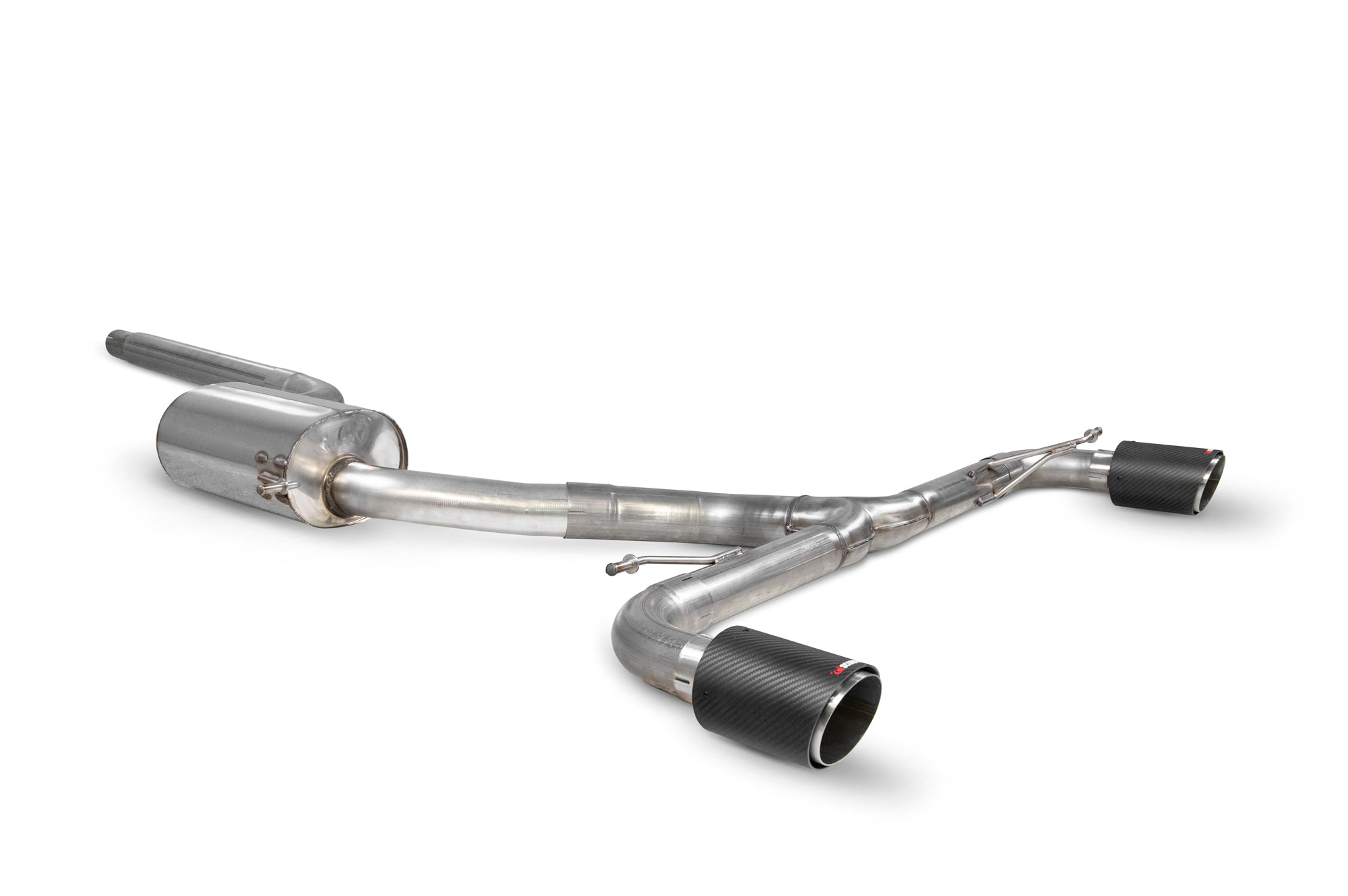 Scorpion Volkswagen Scirocco R Resonated Cat-Back Exhaust - product view - Carbon Fibre Ascari 100mm
