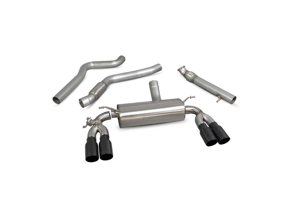 Scorpion BMW M2 F87 Non GPF cat-back exhaust system with electronic valve, showcasing polished stainless steel pipes and muffler.