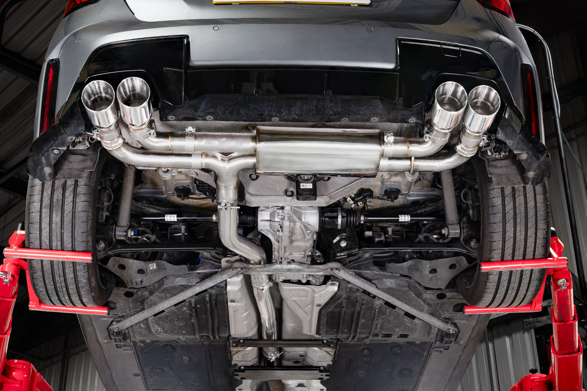 Scorpion BMW F70 M135i GPF-Back Exhaust System with polished tips and stainless steel construction.