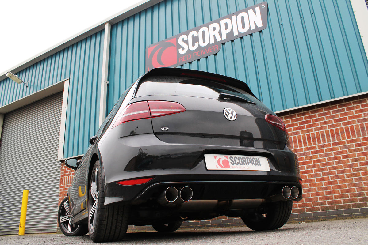 Scorpion Volkswagen Golf MK7 R resonated cat-back exhaust system with no valves, showing polished stainless steel pipes and muffler.