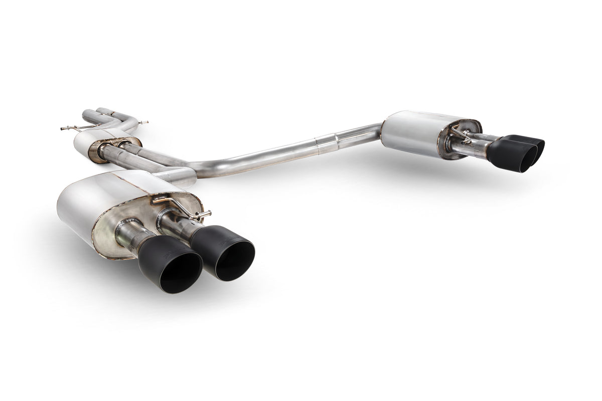 Scorpion Audi S6/S7 C7 resonated half exhaust system without valves, showing polished metal pipes and exhaust tips.