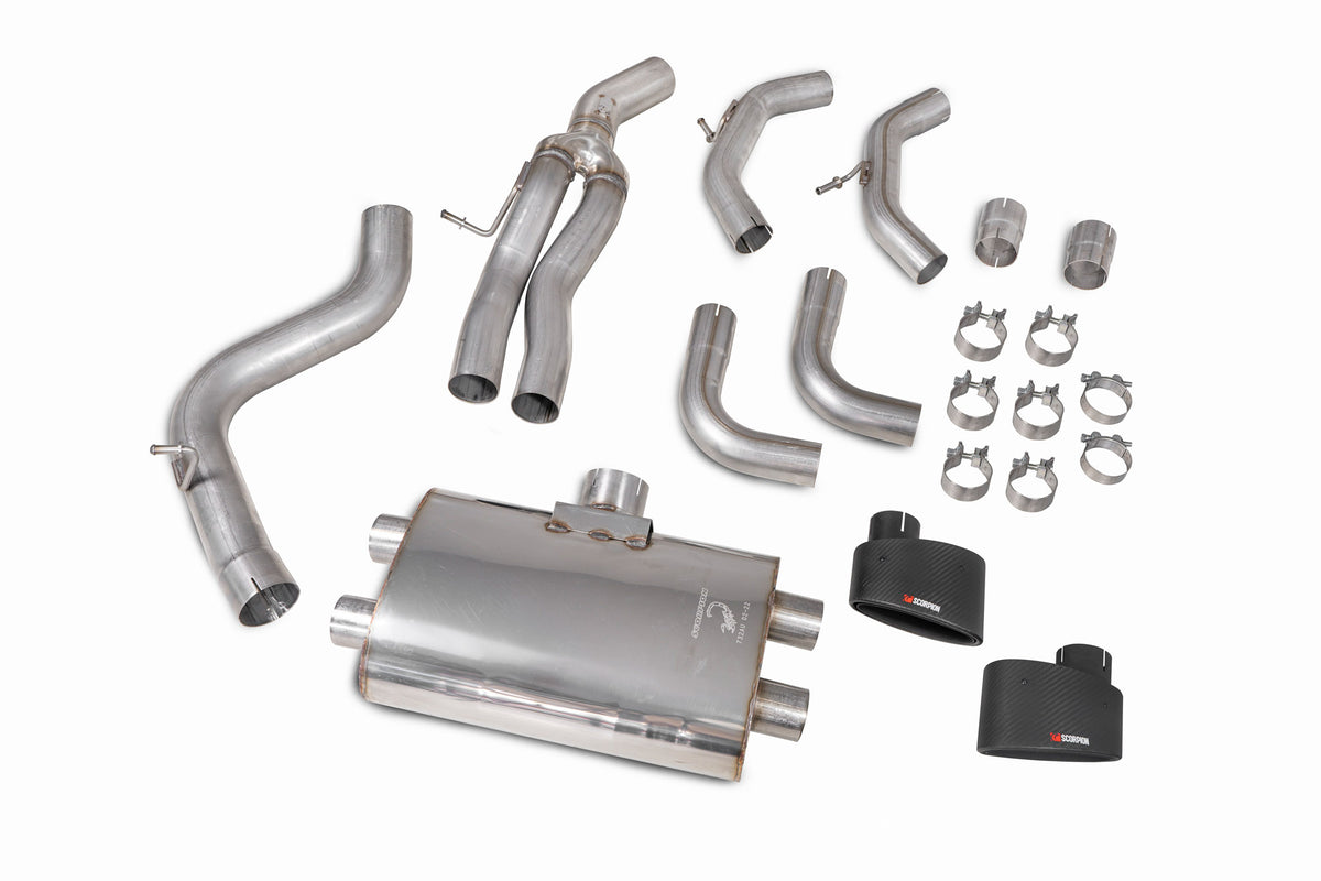 Scorpion Audi RS3 8V Sportback GPF-Back Exhaust System without valves, showcasing stainless steel pipes and mufflers.