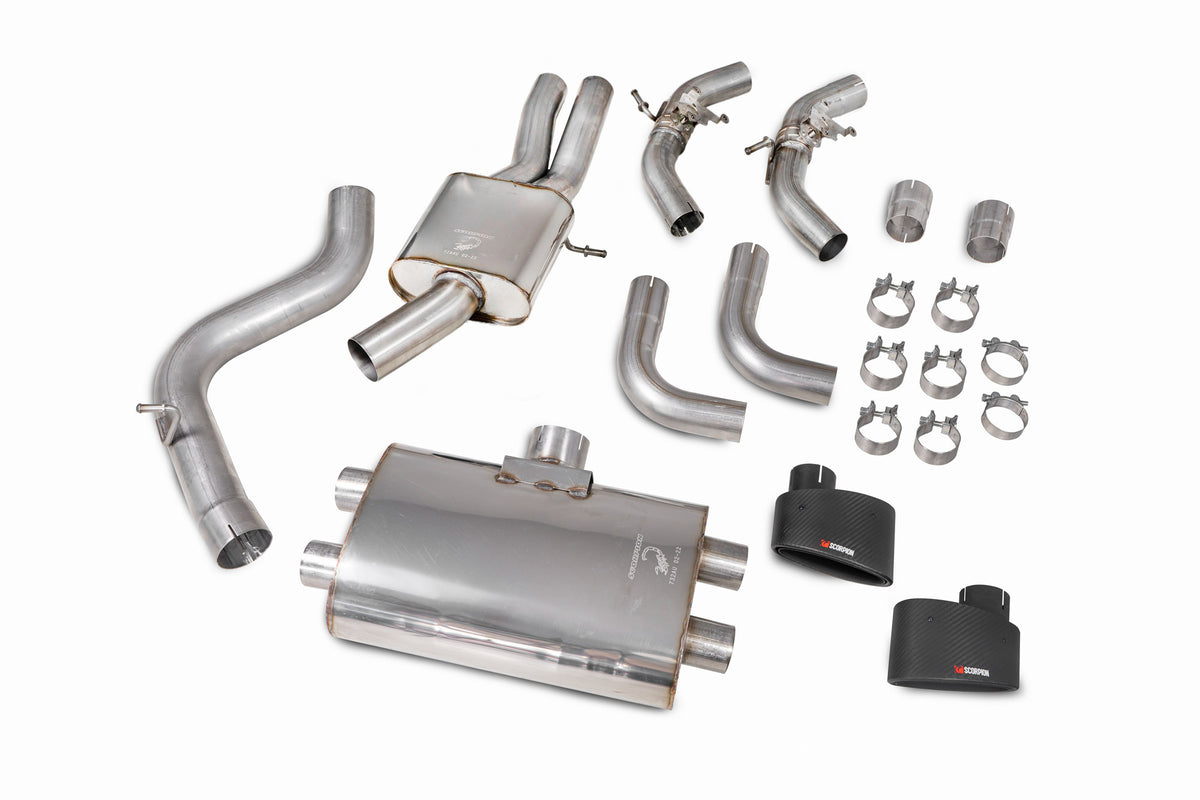 Scorpion Audi RS3 8V Sportback GPF-back exhaust system with resonated pipes and valves, featuring a sleek stainless steel finish.