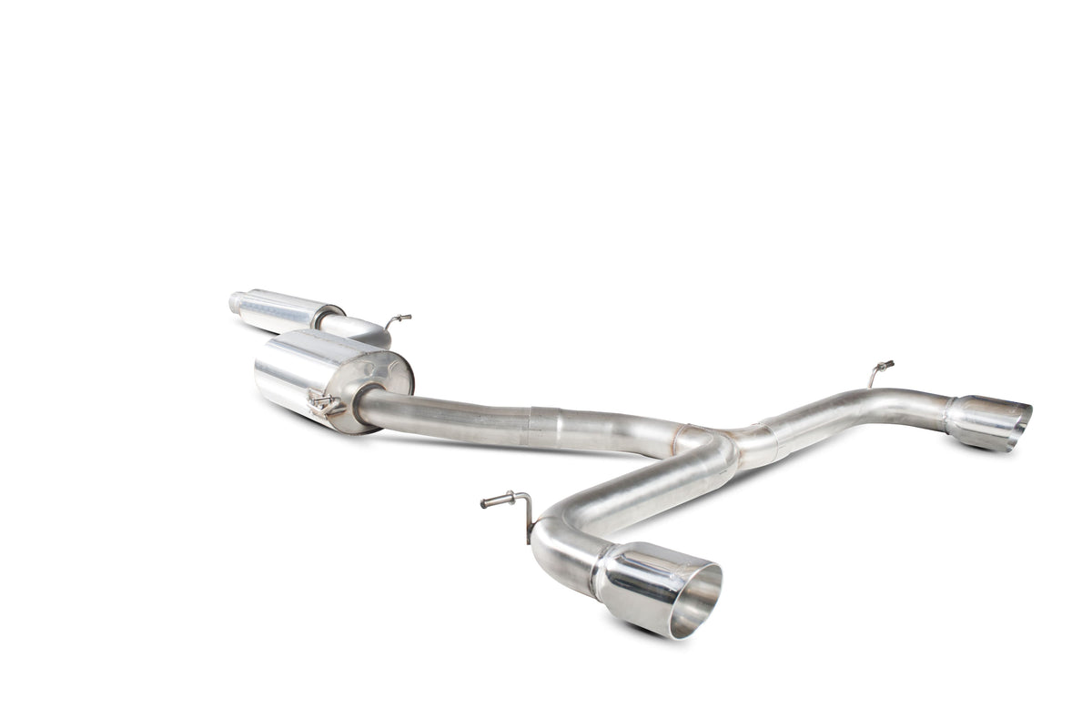 Scorpion Volkswagen Golf MK7 GTI resonated cat-back exhaust system installed on a car, showcasing polished stainless steel pipes and muffler.