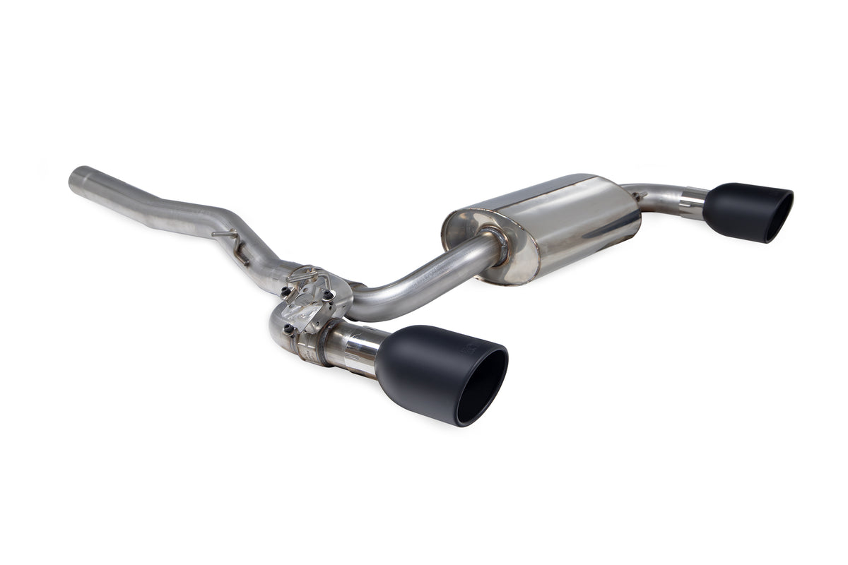 Scorpion BMW M135i xDrive GPF-Back Exhaust System with electronic valve, showing polished metal pipes and exhaust tips on a sports car.