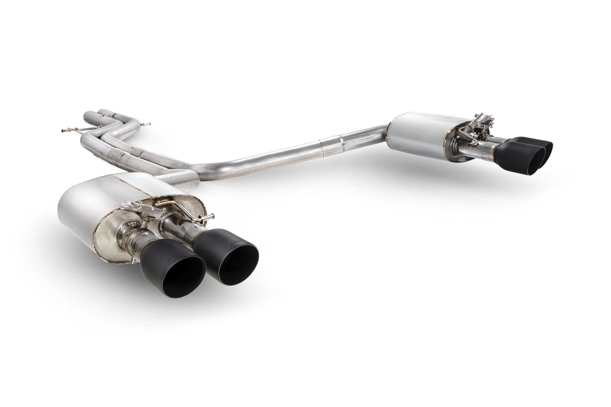 Scorpion Audi S6/S7 C7 non-resonated half exhaust system with electronic valves, featuring polished metal pipes and dual exhaust tips.
