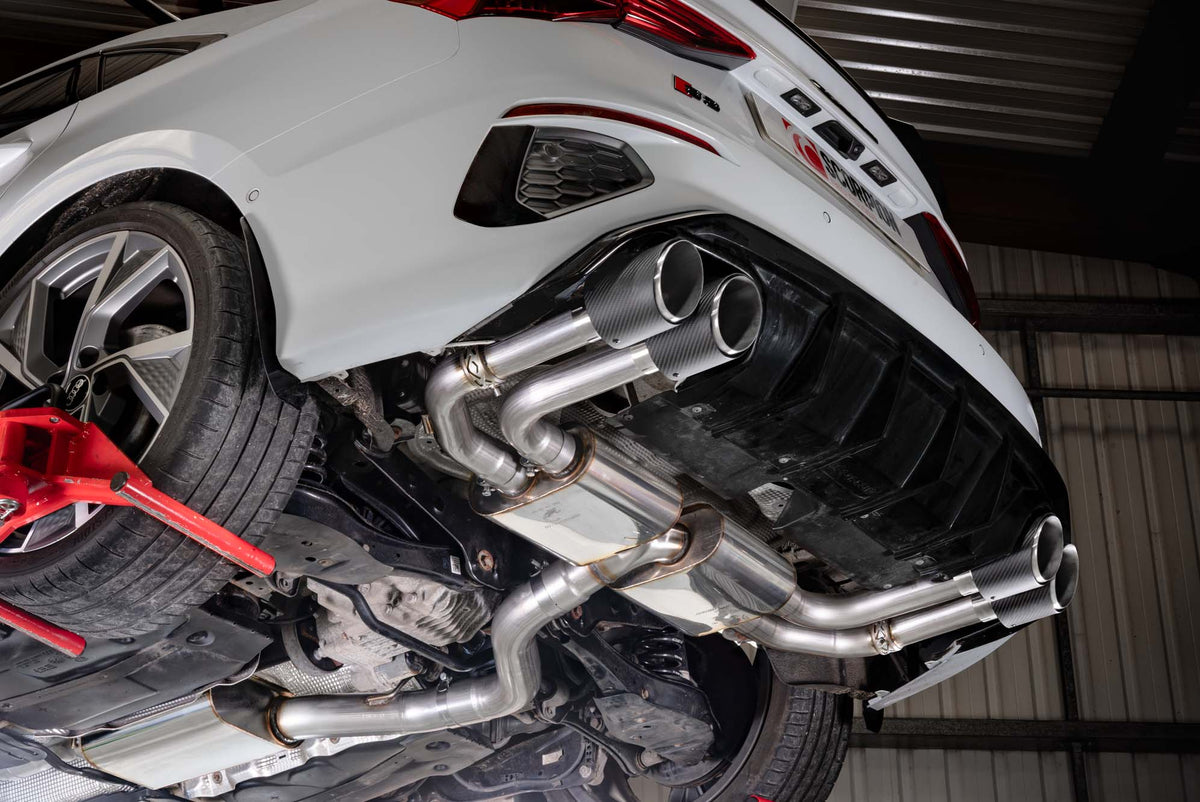 Scorpion Audi S3 8Y saloon GPF-back exhaust system with resonated pipes and electronic valves, showcasing polished metal and dual exhaust tips.