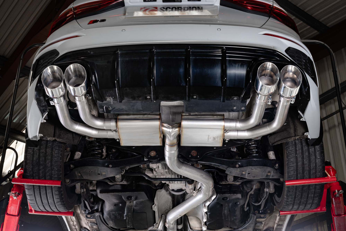 Scorpion Audi S3 8Y saloon GPF-back exhaust system with non-resonated cat-back design, featuring polished exhaust tips.