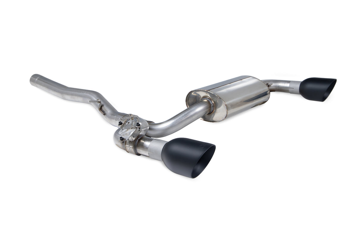 Scorpion BMW M135i xDrive GPF-Back Exhaust System with electronic valve, showcasing polished metal pipes and exhaust tips.