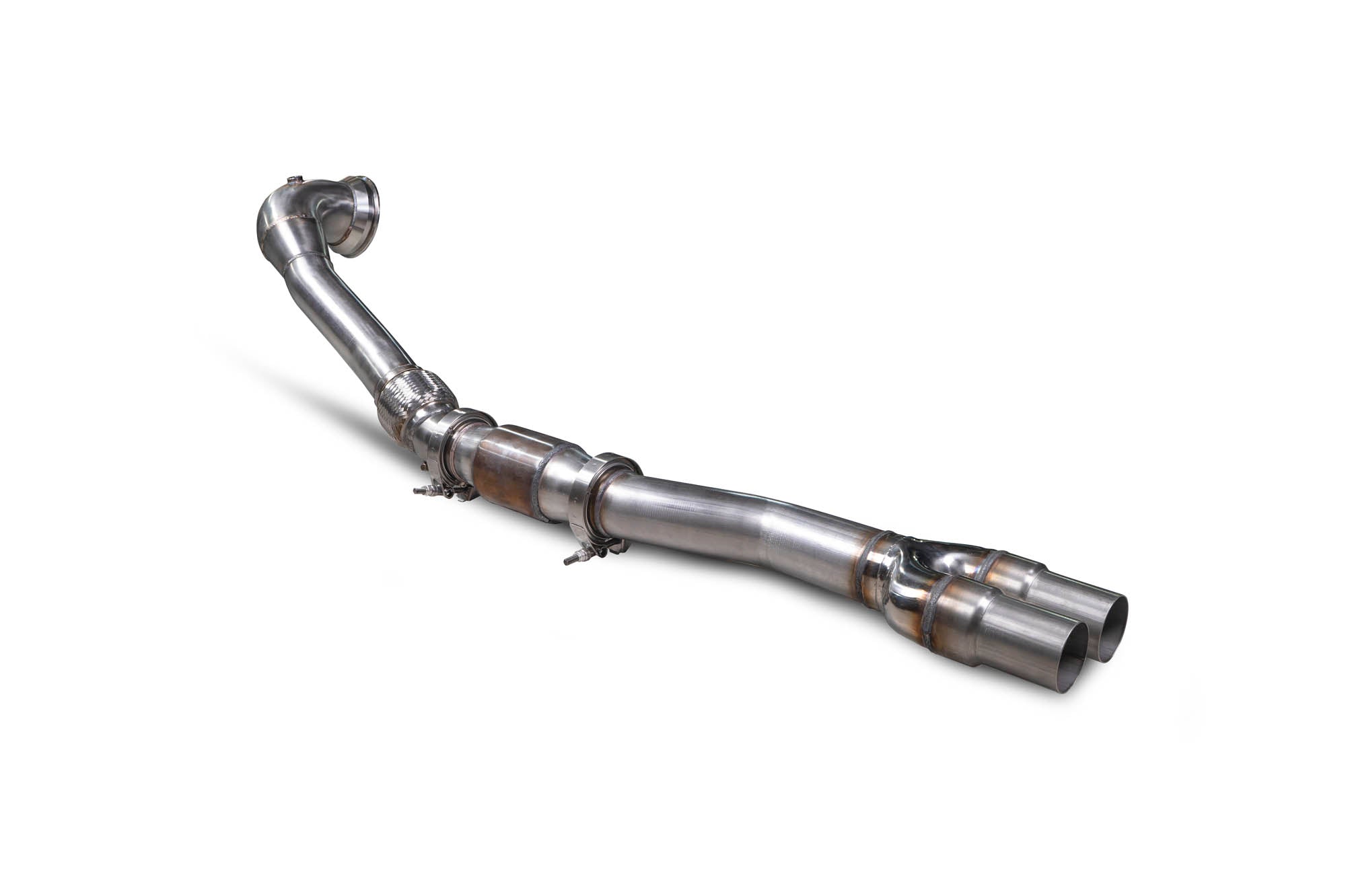 Scorpion Audi RS3 8V pre-facelift sports cat downpipe, showing stainless steel construction and catalytic converter details.