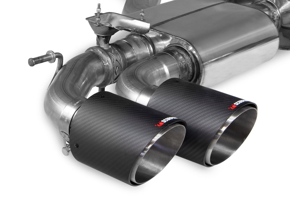 Scorpion Audi S3 8Y Sportback GPF-back exhaust system with electronic valves, showcasing polished metal pipes and dual exhaust tips.