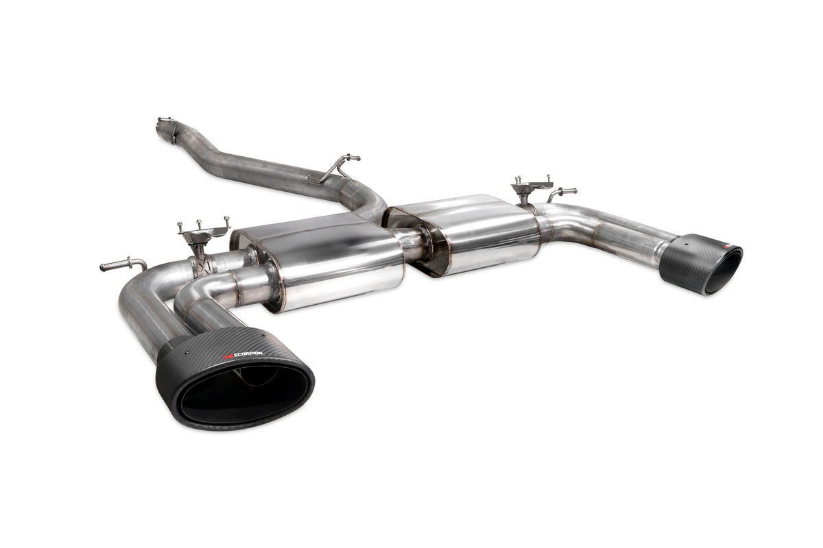 Scorpion Audi S3 8V saloon GPF-back exhaust system with valves, featuring non-resonated design and polished metal finish.