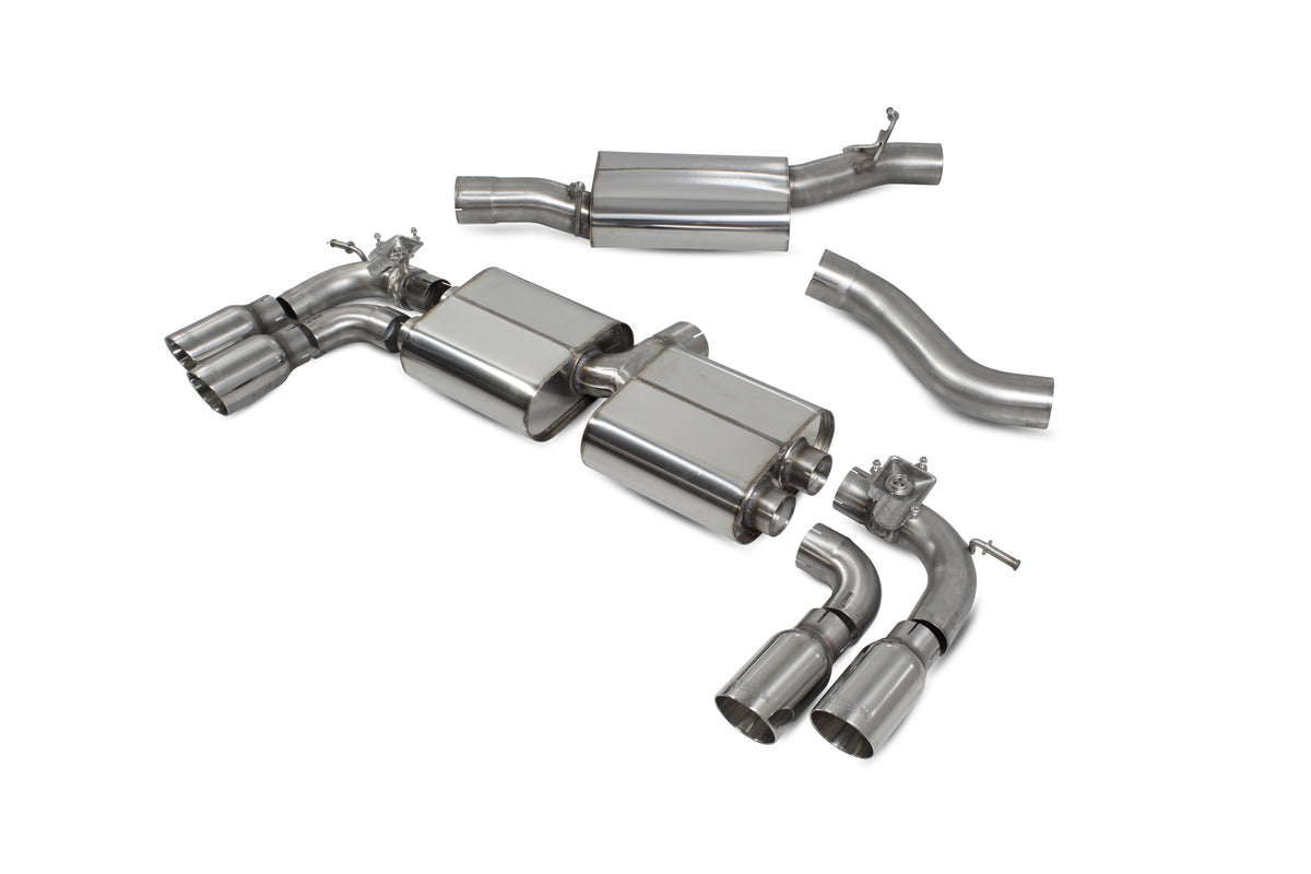 Scorpion Audi S3 8V GPF-back exhaust system with resonated pipes and valve controls, showcasing the sporty design and polished finish.
