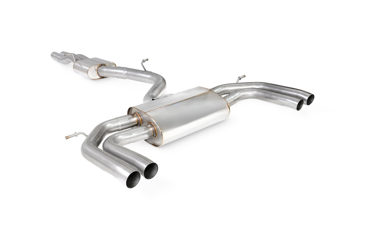 Scorpion Audi RS3 8Y Sportback GPF-Back Exhaust System with resonated pipes, non-valved design, showcasing the sleek exhaust tips.