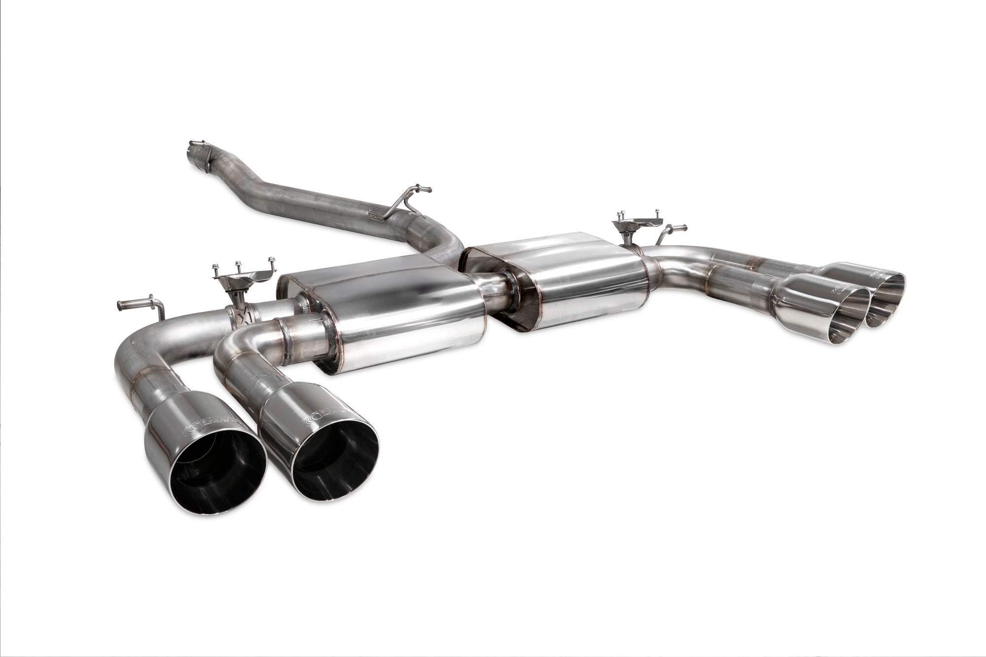 Scorpion Audi S3 8V saloon GPF-back exhaust system with valves, featuring non-resonated cat and dual exhaust tips.