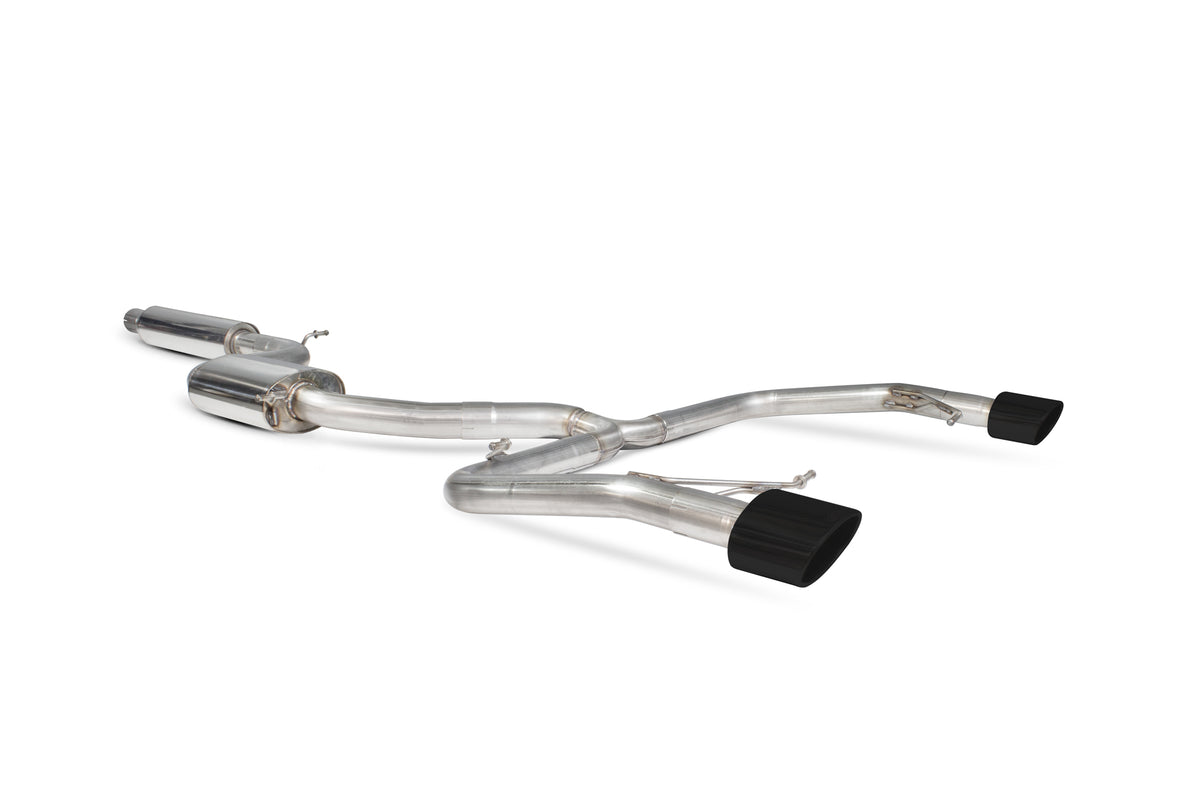 Scorpion Seat Leon Cupra 2.0 Tsi 280/290 ST cat-back exhaust system with resonated muffler, stainless steel construction, and polished tips