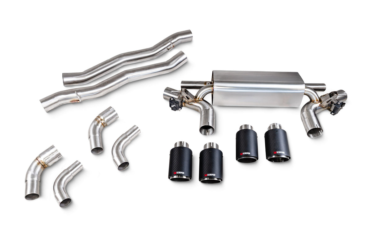 Scorpion BMW M5 G90 G99 GPF-Back Exhaust System with electronic valves, showing polished exhaust tips and sleek design