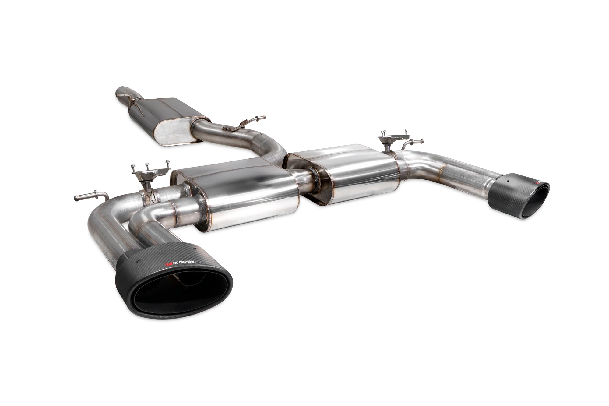 Scorpion Audi S3 8V GPF-back exhaust system with resonated pipes, valves, and polished metal finish, installed on the vehicle.