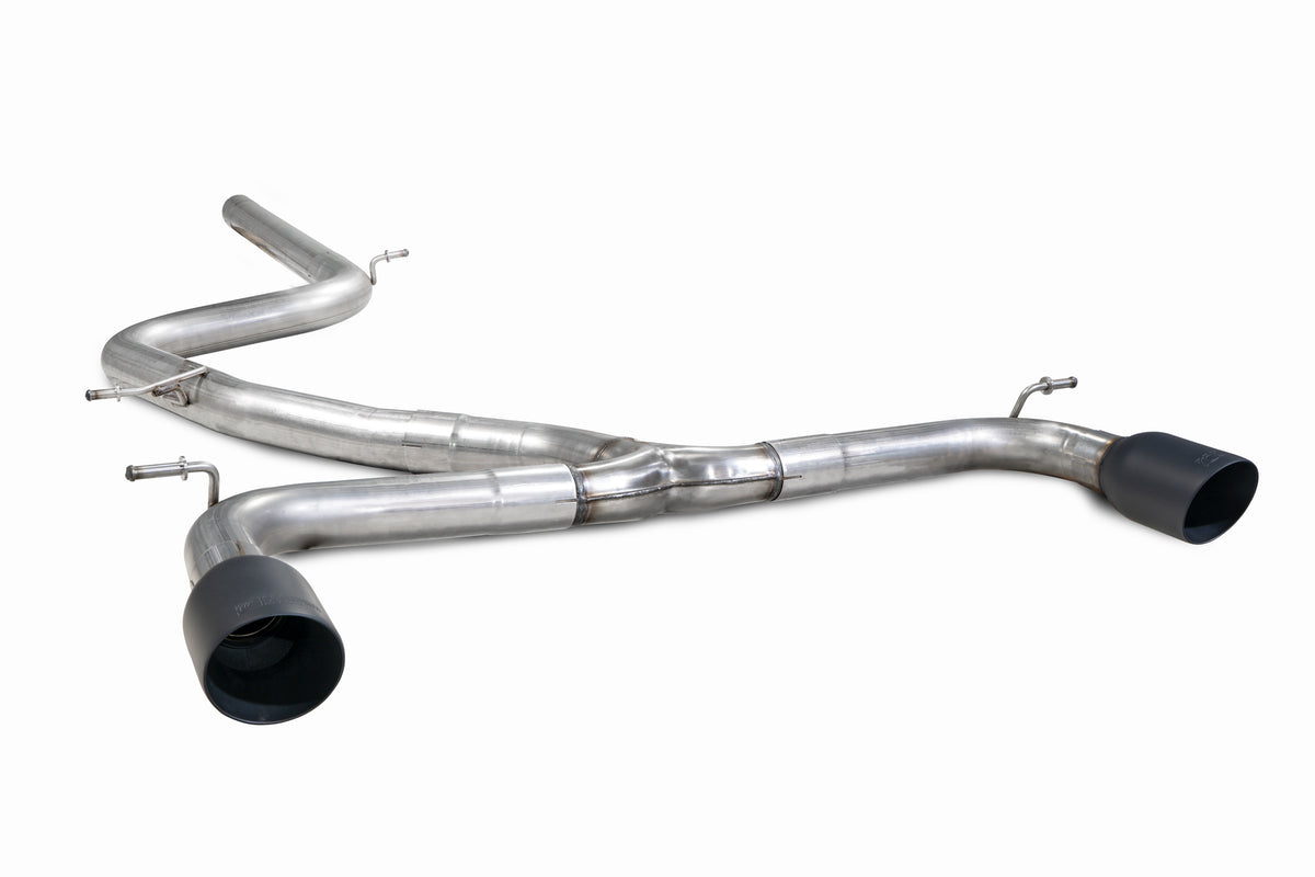 Scorpion Volkswagen Golf MK7 GTD cat-back exhaust system with stainless steel pipes and dual exhaust tips, GTI style.