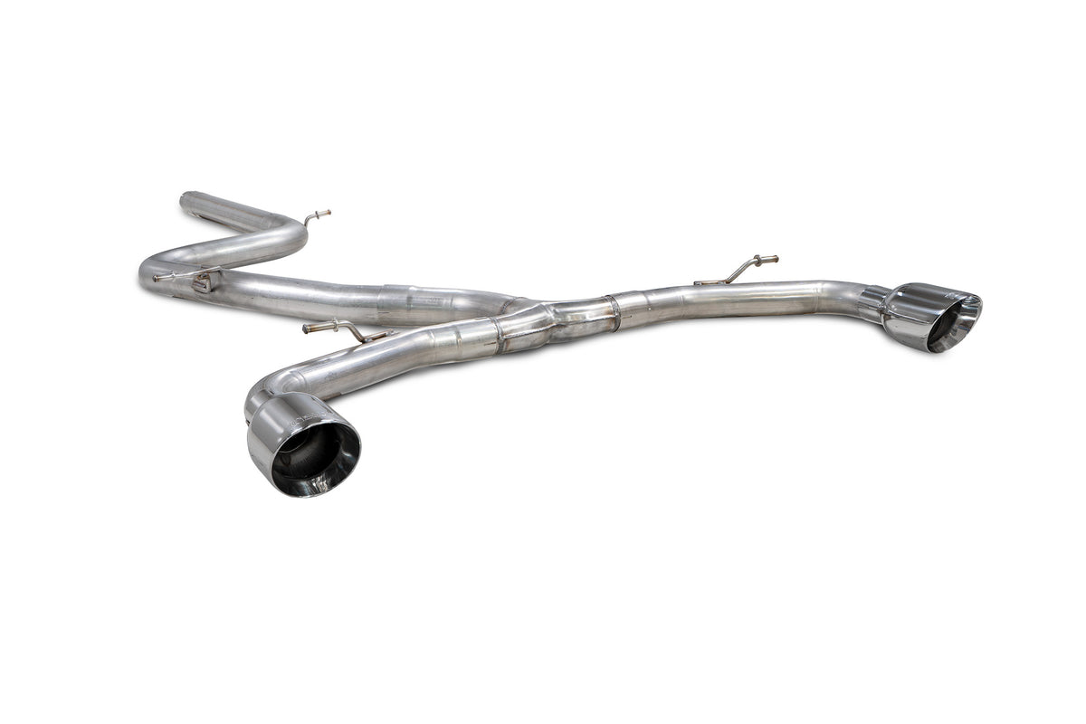 Scorpion Volkswagen Golf MK8 GTI Clubsport GPF-Back Exhaust System with dual exhaust tips and polished stainless steel finish.