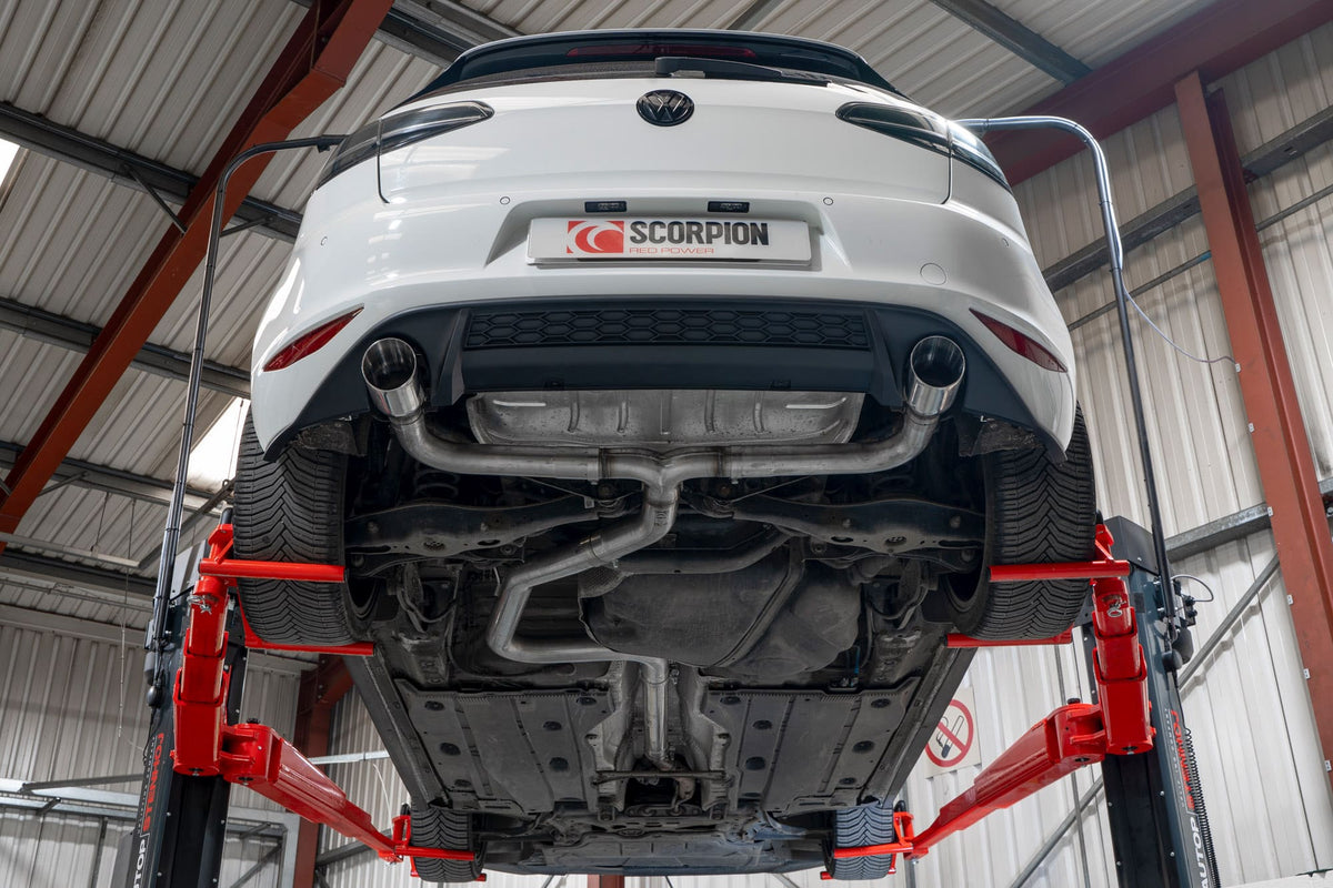 Scorpion Volkswagen Golf MK7 GTD cat-back exhaust system with GTI style design, showcasing polished pipes and exhaust tips.
