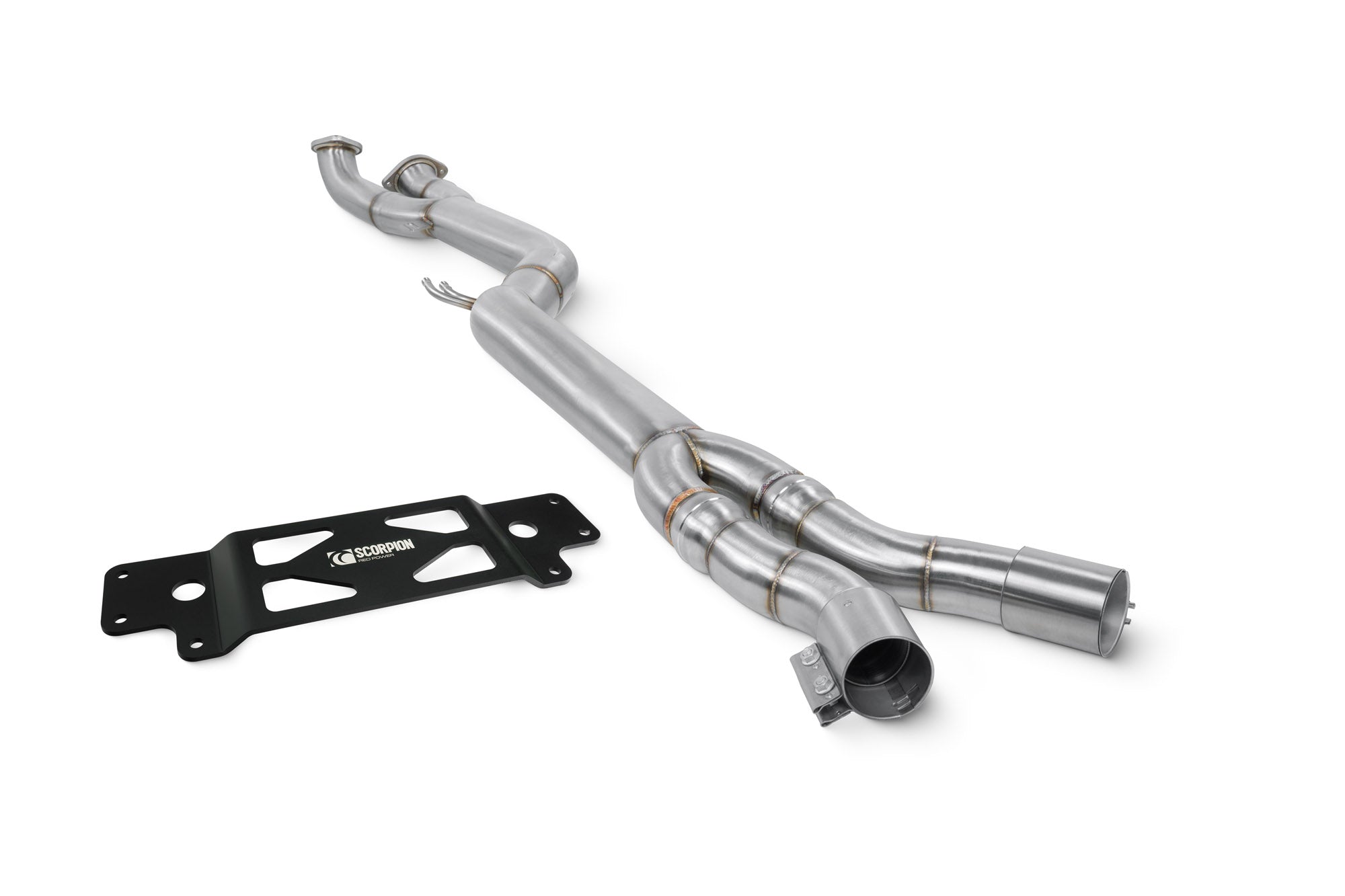 Scorpion BMW M2 G87 single mid pipe exhaust component removing GPF, metal pipe with connection points, close-up view.