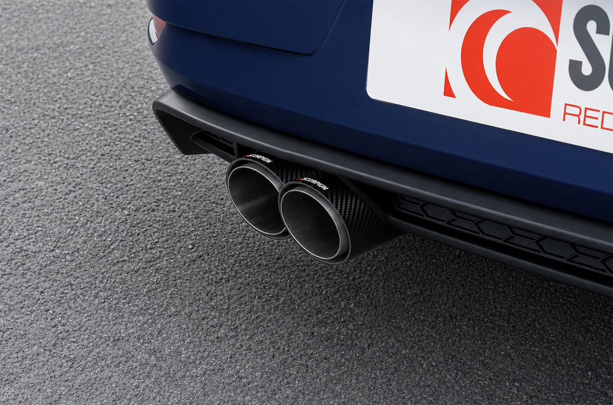 Scorpion Volkswagen Golf Mk7.5 1.5 TSI resonated cat-back exhaust system installed on the car's rear view showing polished metal pipes