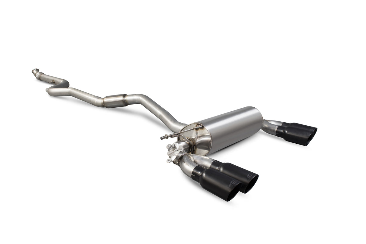 Scorpion BMW M2 F87 non-GPF model cat-back exhaust system with electronic valve, showcasing polished stainless steel pipes and dual tips.