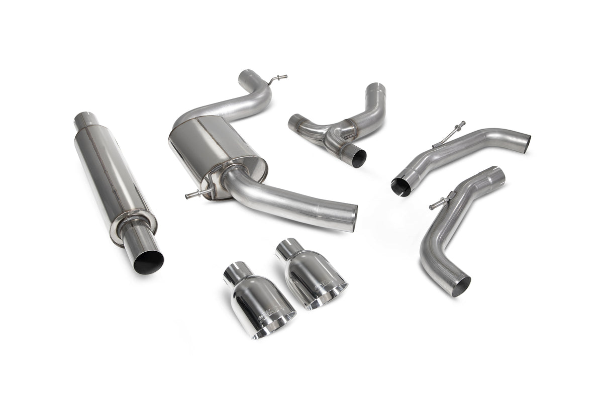 Scorpion Volkswagen Golf MK8 GTI resonated GPF-back exhaust system with polished stainless steel tips and sleek design.
