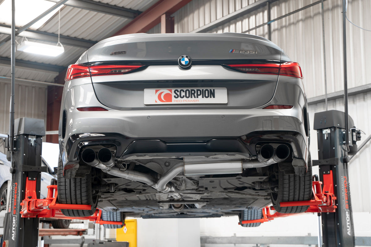 Scorpion BMW M235i Gran Coupe xDrive GPF-Back Exhaust System with electronic valve, showcasing polished metal pipes and dual exhaust tips.