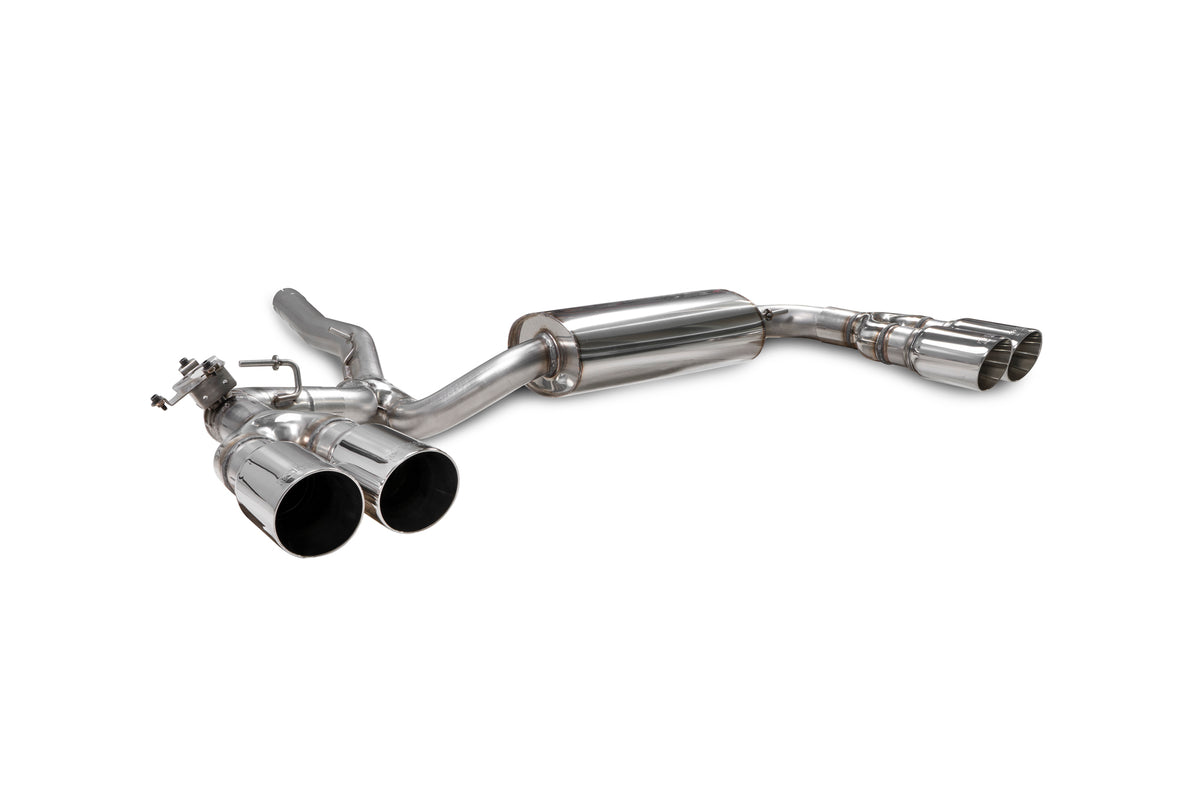 Scorpion BMW M235i Gran Coupe xDrive F44 GPF-Back Exhaust System with electronic valve, showcasing polished stainless steel pipes and muffler.