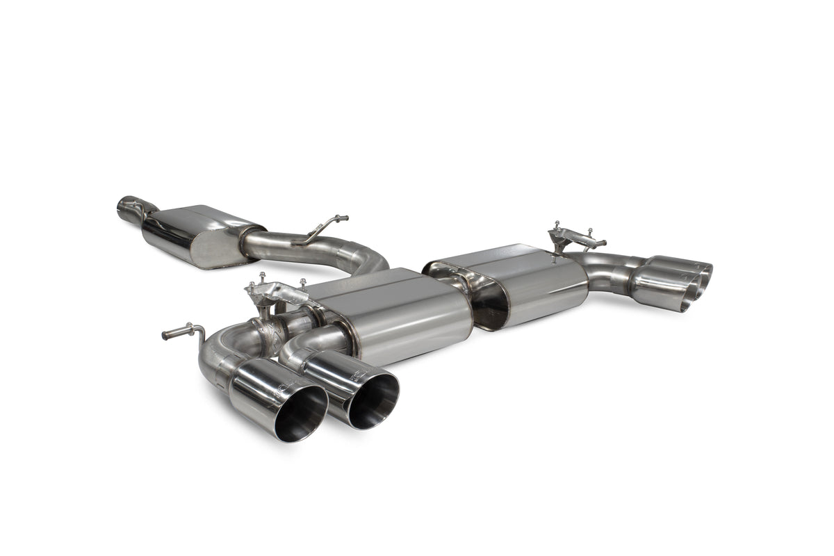 Scorpion Volkswagen Golf MK7 R resonated cat-back exhaust system with electronic valves, showing polished stainless steel pipes and mufflers.