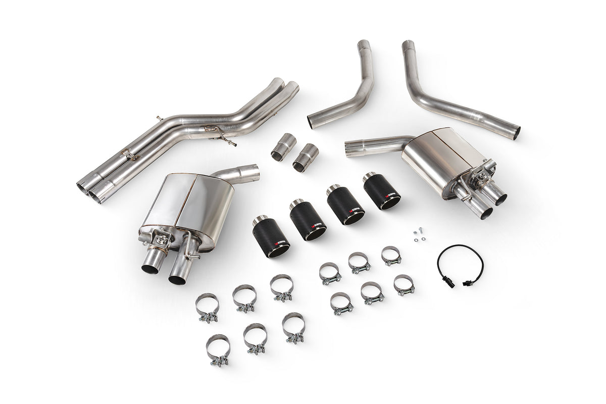 Scorpion Audi S6/S7 C7 non-resonated half exhaust system with electronic valves, showing polished metal pipes and valve controls.