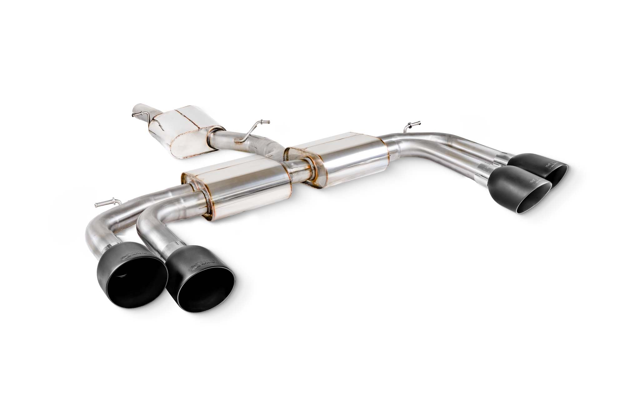 Scorpion Audi S3 8Y Sportback GPF-Back Exhaust System with resonated cat-back design, showcasing polished metal pipes and mufflers.