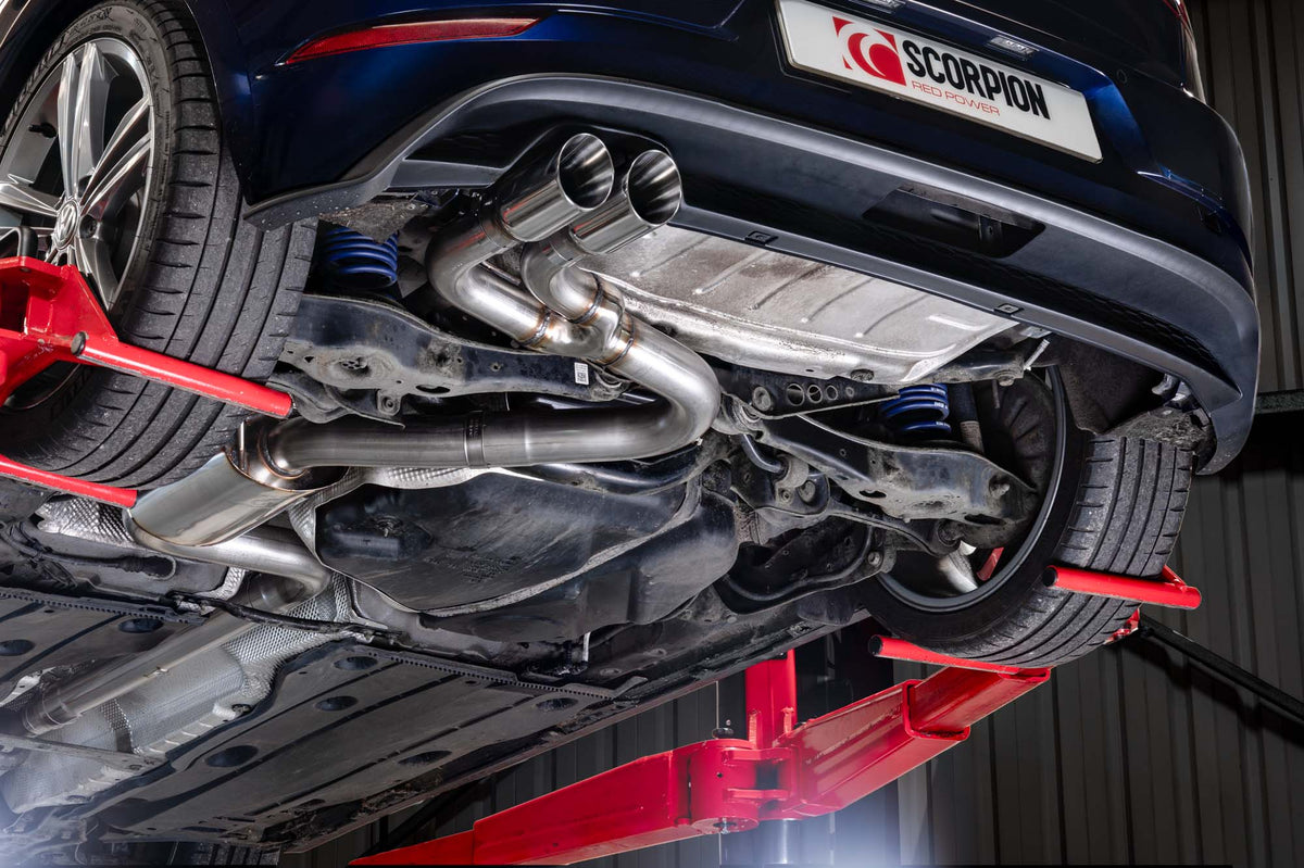 Scorpion Volkswagen Golf Mk7.5 1.5 TSI cat-back exhaust system with polished stainless steel muffler and dual exhaust tips.