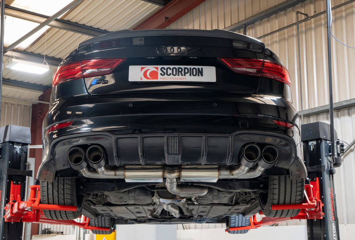 Scorpion Audi S3 8V saloon GPF-back exhaust system with resonated cat and no valves, showcasing polished stainless steel pipes.