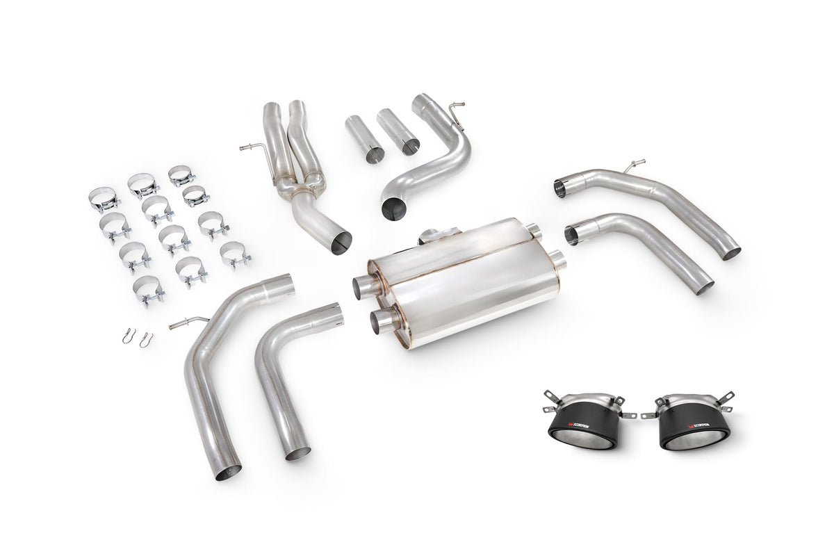 Scorpion Audi RS3 8Y GPF-Back Exhaust System without valves, showing polished metal pipes and exhaust tips on a sports sedan.
