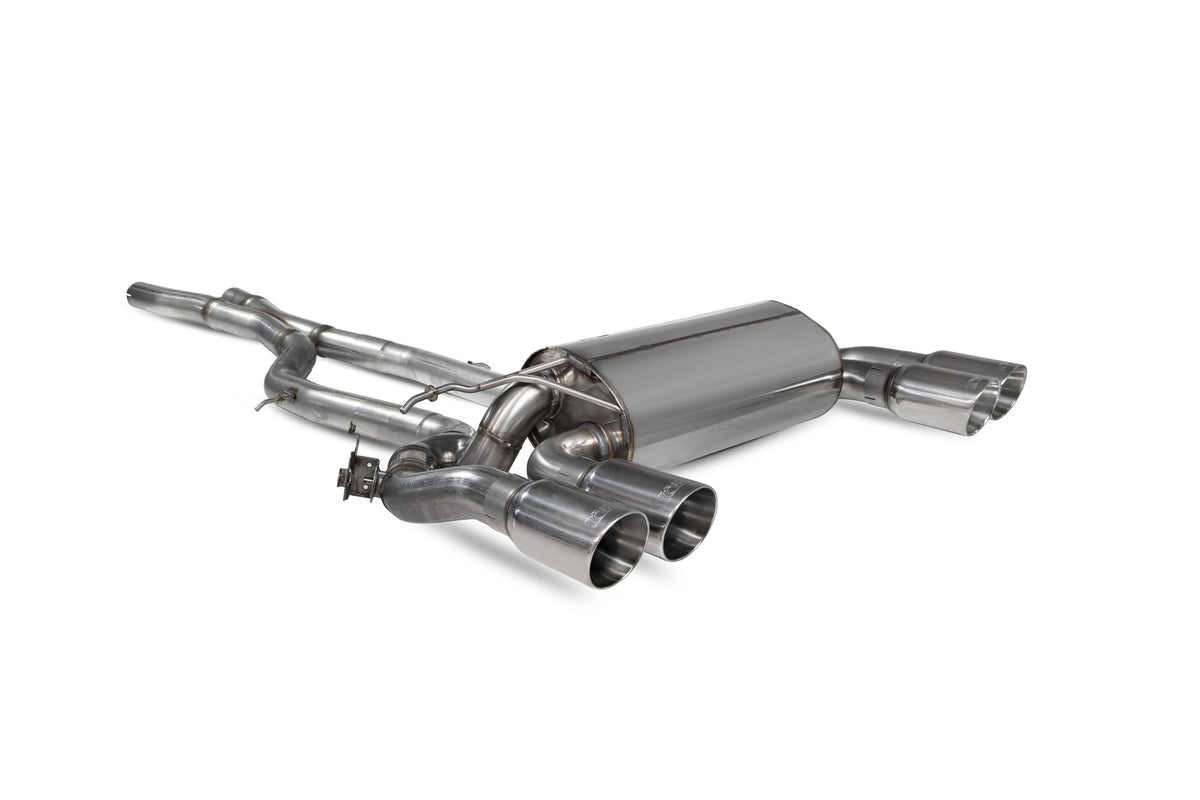 Scorpion BMW M2 Competition F87N GPF-Back Exhaust System with electronic valves, showing polished metal pipes and exhaust tips.