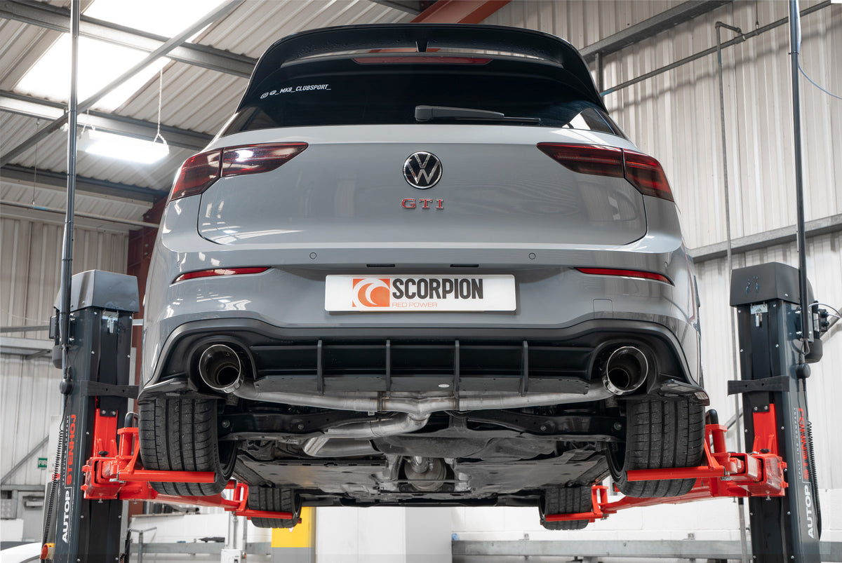 Scorpion Volkswagen Golf MK8 GTI Clubsport GPF-Back Exhaust System with non-resonated predator design, metallic finish, and twin exhaust tips.