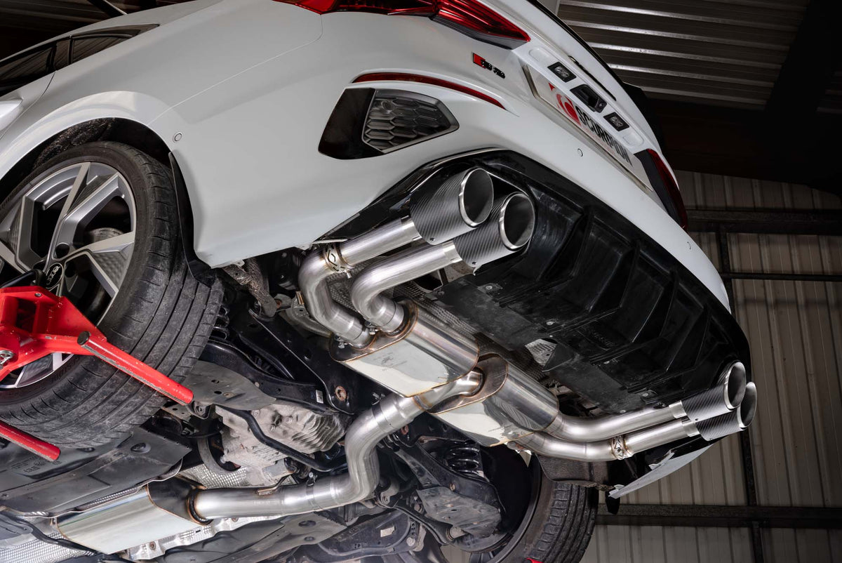 Scorpion Audi S3 8Y Sportback GPF-Back Exhaust System with electronic valves and resonated cat system, showcasing polished exhaust tips.