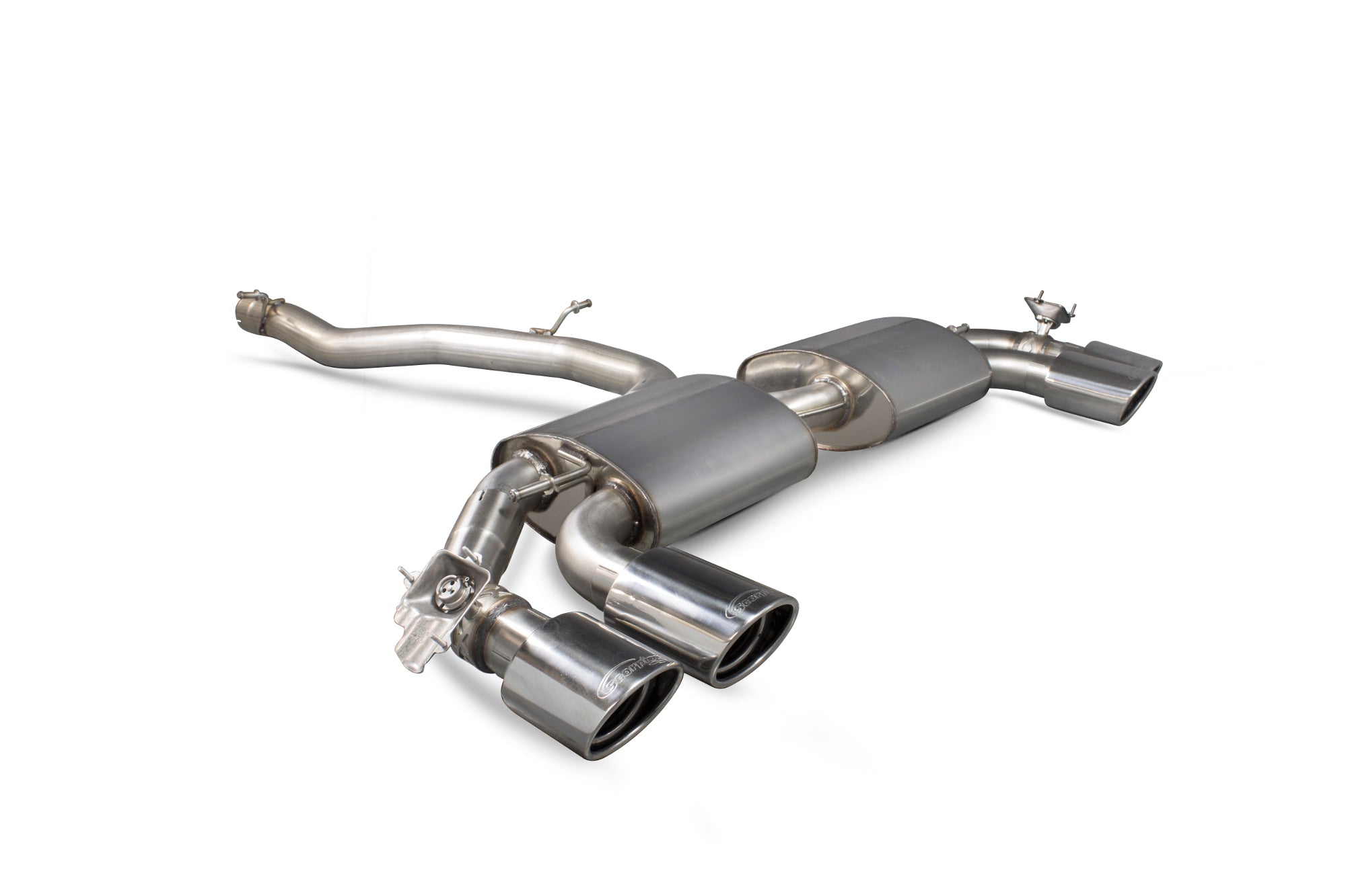 Scorpion Audi TT MK3 TTS non-GPF coupe cat-back exhaust system with valves, showcasing stainless steel pipes and dual exhaust tips.