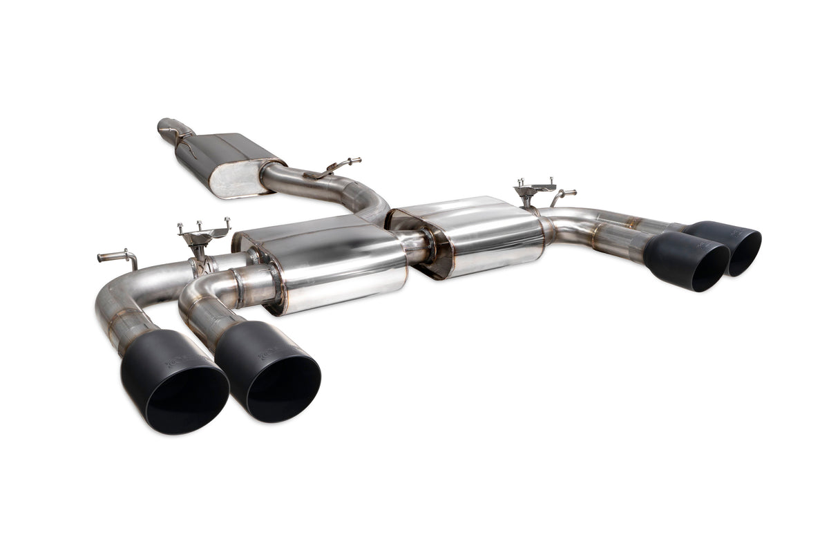 Scorpion Audi S3 8V saloon GPF-back exhaust system with resonated cat and valves, showcasing polished metal pipes and exhaust tips.
