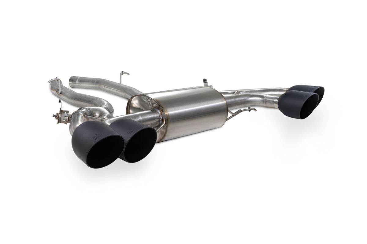Scorpion BMW X3 M G01 half exhaust system with valves, showing the chrome finish and dual exhaust tips on the vehicle.