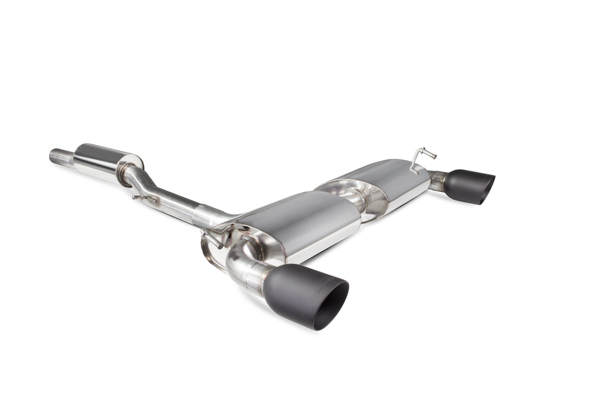 Scorpion Volkswagen Golf Mk4 R32 resonated cat-back exhaust system with polished stainless steel pipes and dual exhaust tips.