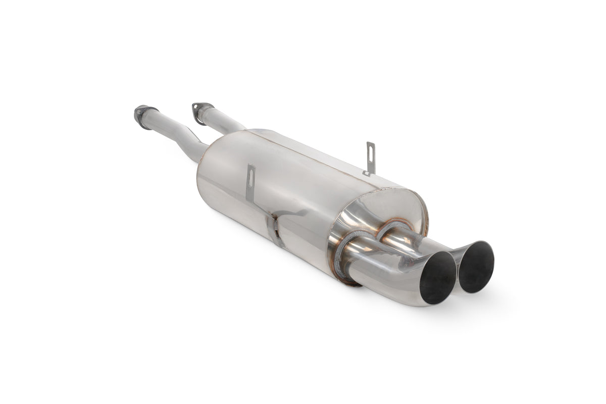 Scorpion BMW 325/328 E36 cat-back exhaust system with polished stainless steel muffler and dual tailpipes, installed on vehicle.