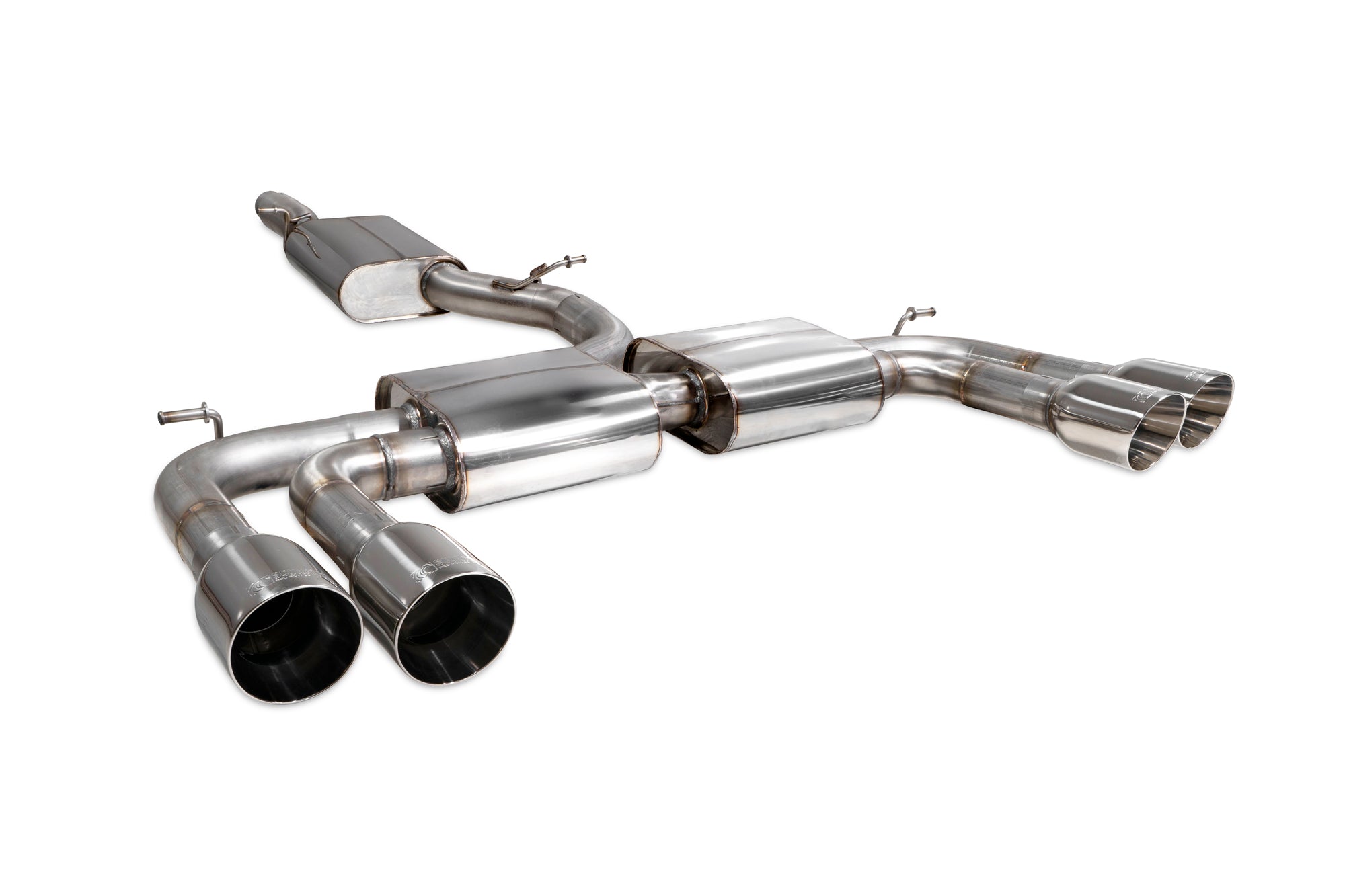 Scorpion Audi S3 8V saloon GPF-back exhaust system with resonated pipes, metal construction, and dual tailpipes, without valves.